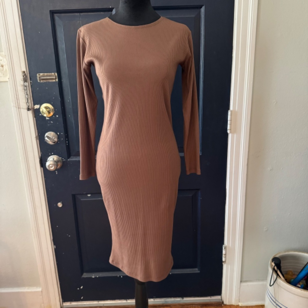 MIMU MAZI Ribbed Knit Body Dress, coffee color, size Medium